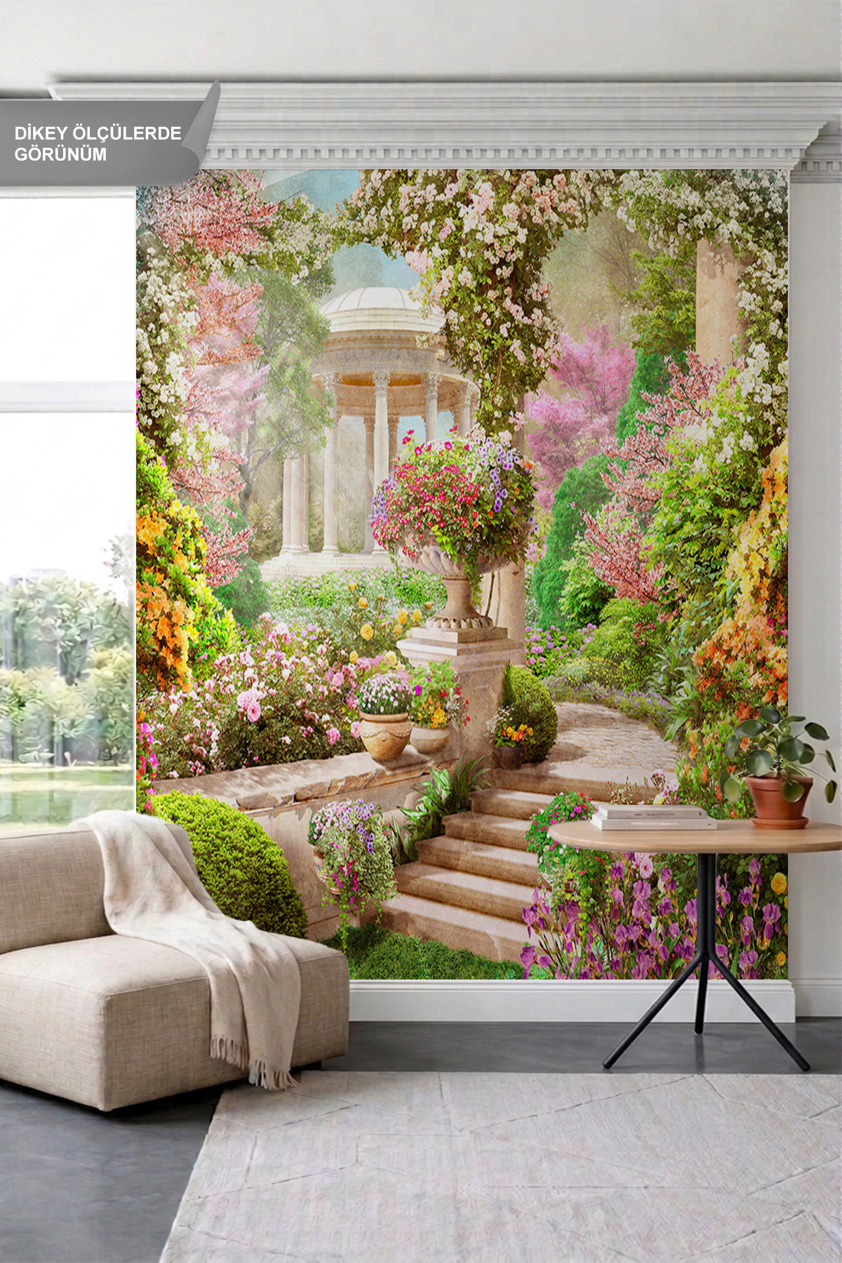 Dreamwall Rengarenk Çiçekler, Taş Merdivenler ve Antik Çardak Manzaralı Tek Parça Tekstil Duvar Kağıdı görsel 1