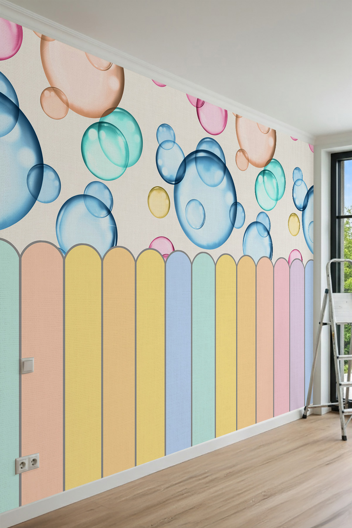 Dreamwall Renkli Ahşap Çit ve Uçuşan Sabun Köpükleri Motifli Tek Parça Tekstil Duvar Kağıdı görsel 1