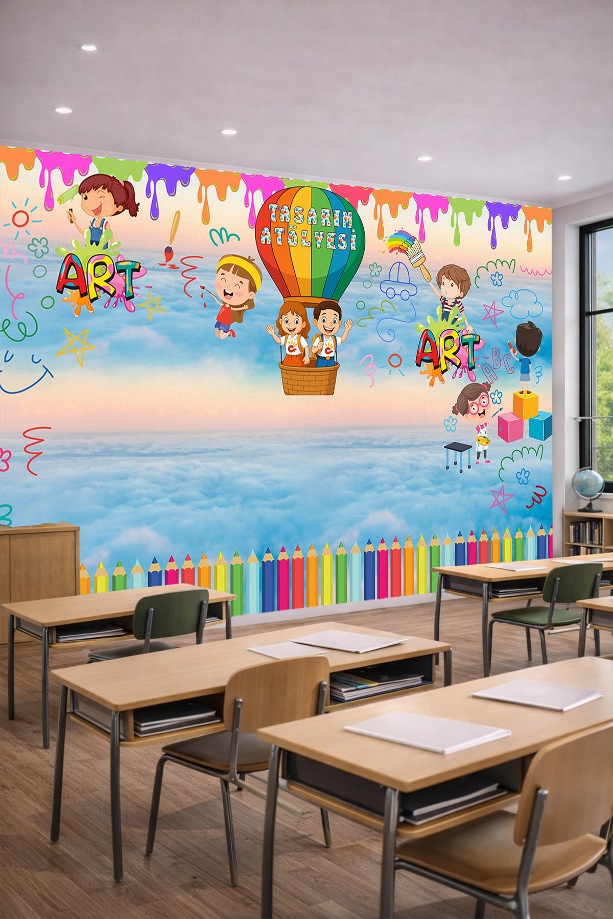 Dreamwall Renkli Boya Damlaları, Sıcak Hava Balonu, "TASARIM ATÖLYESİ" ve Çocuk Figürlü Tek Parça Tekstil Duvar Kağıdı görsel 1