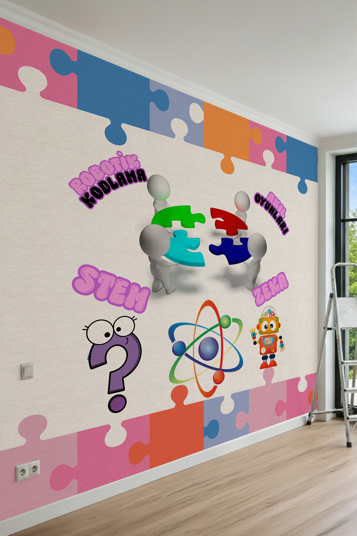 Dreamwall Renkli Puzzle Çerçeveli, Robotik Kodlama, Akıl Oyunları, STEM ve Zeka Temalı Tek Parça Tekstil Duvar Kağıdı görsel 1