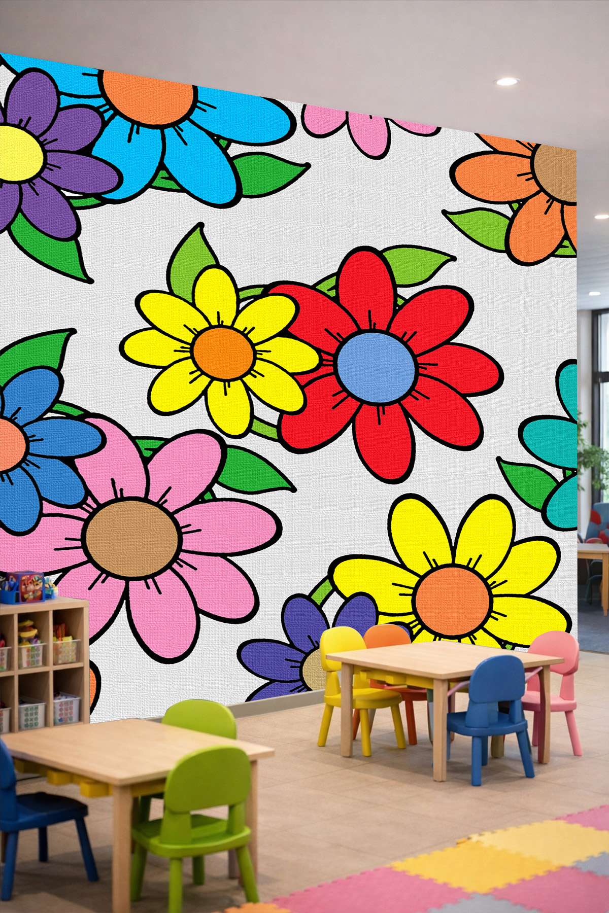 Dreamwall Renkli Retro Çiçekler ve Büyük Papatya Motifli Tek Parça Tekstil Duvar Kağıdı görsel 1