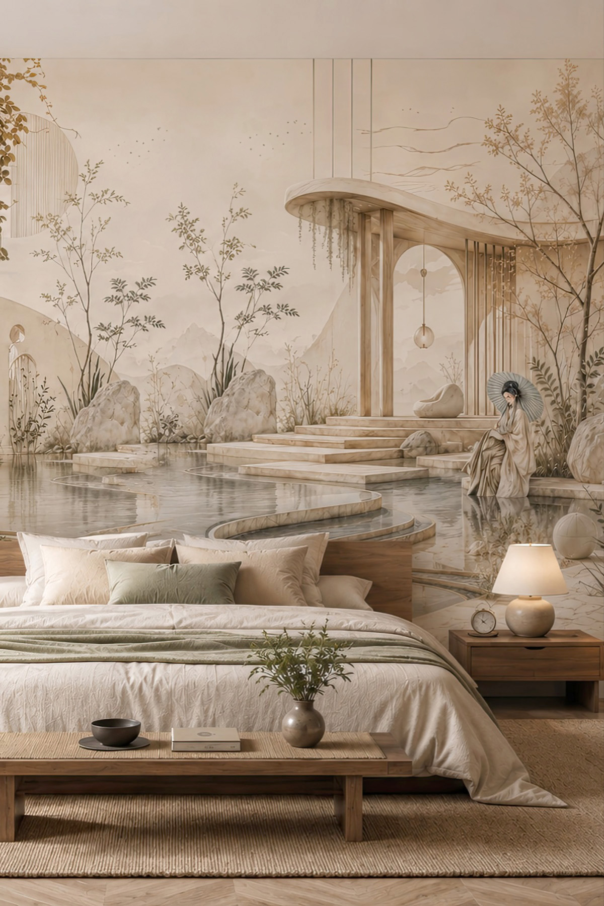 Dreamwall Şemsiye Kadın Doğu Bahçesi Pavilion Manzaralı Tekstil Duvar Kağıdı görsel 1