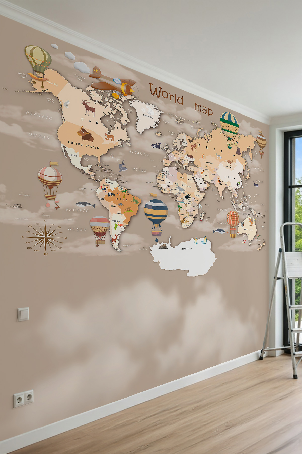 Dreamwall Sıcak Hava Balonları, Hayvan Figürleri ve Eğitici Dünya Haritası Motifli Tek Parça Tekstil Duvar Kağıdı görsel 1