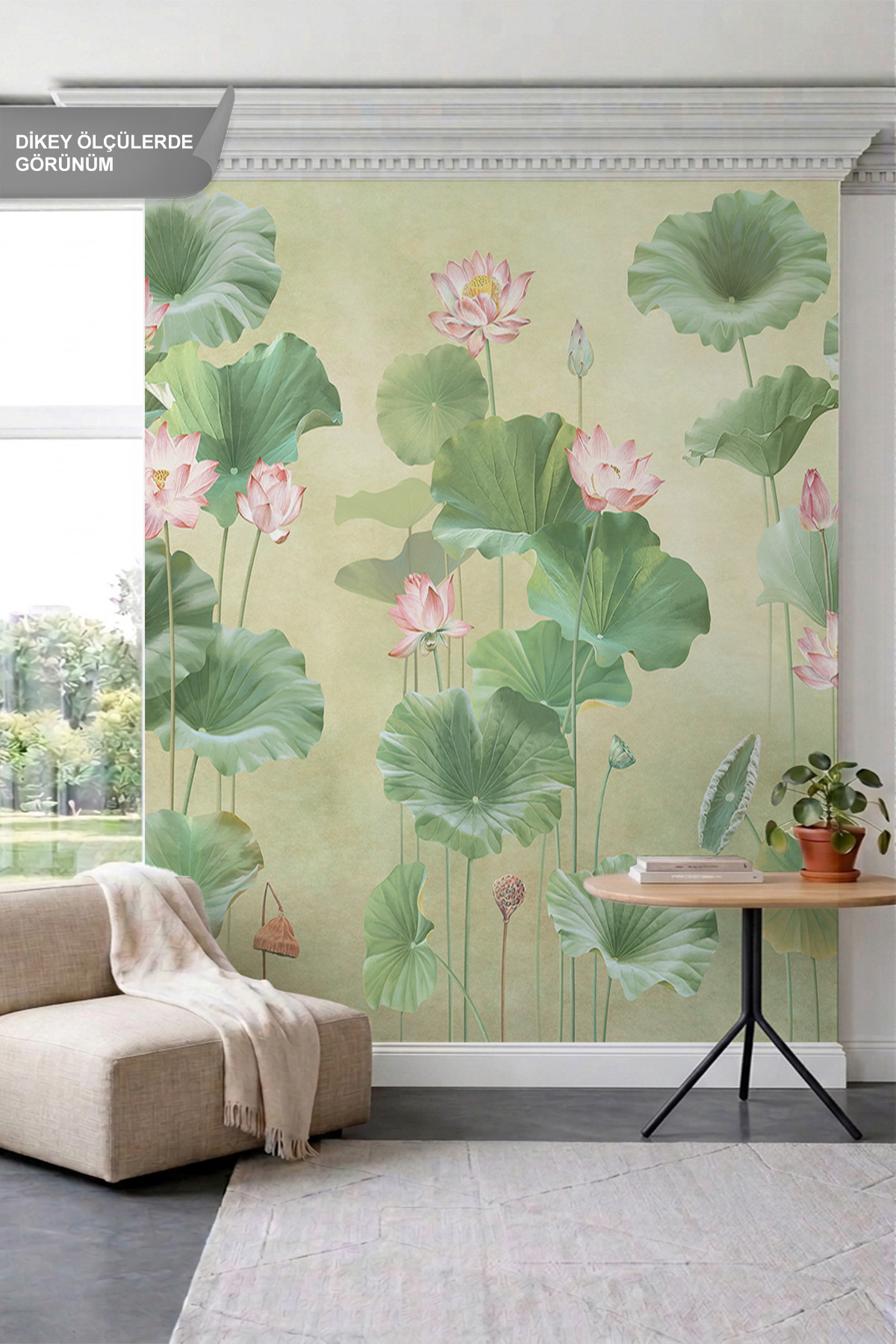 Dreamwall Soft Lotus Çiçekleri ve Devasa Yeşil Yaprak Motifli Tek Parça Tekstil Duvar Kağıdı görsel 1