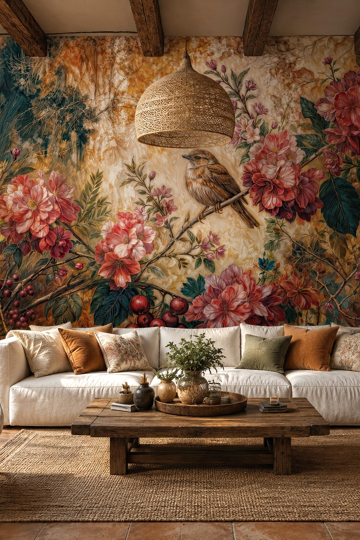 Dreamwall Sonbahar Şarkısı Kuş ve Botanik Desenli Tek Parça Tekstil Duvar Kağıdı görsel 1
