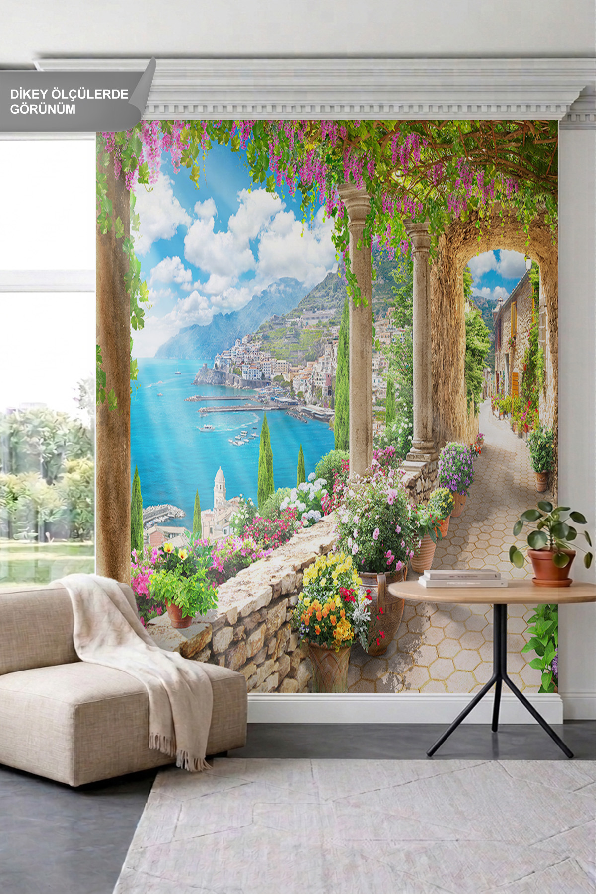 Dreamwall Sütunlu ve Çiçekli Sahil Yolu, Kıyı Kasabası Manzaralı Tek Parça Tekstil Duvar Kağıdı görsel 1