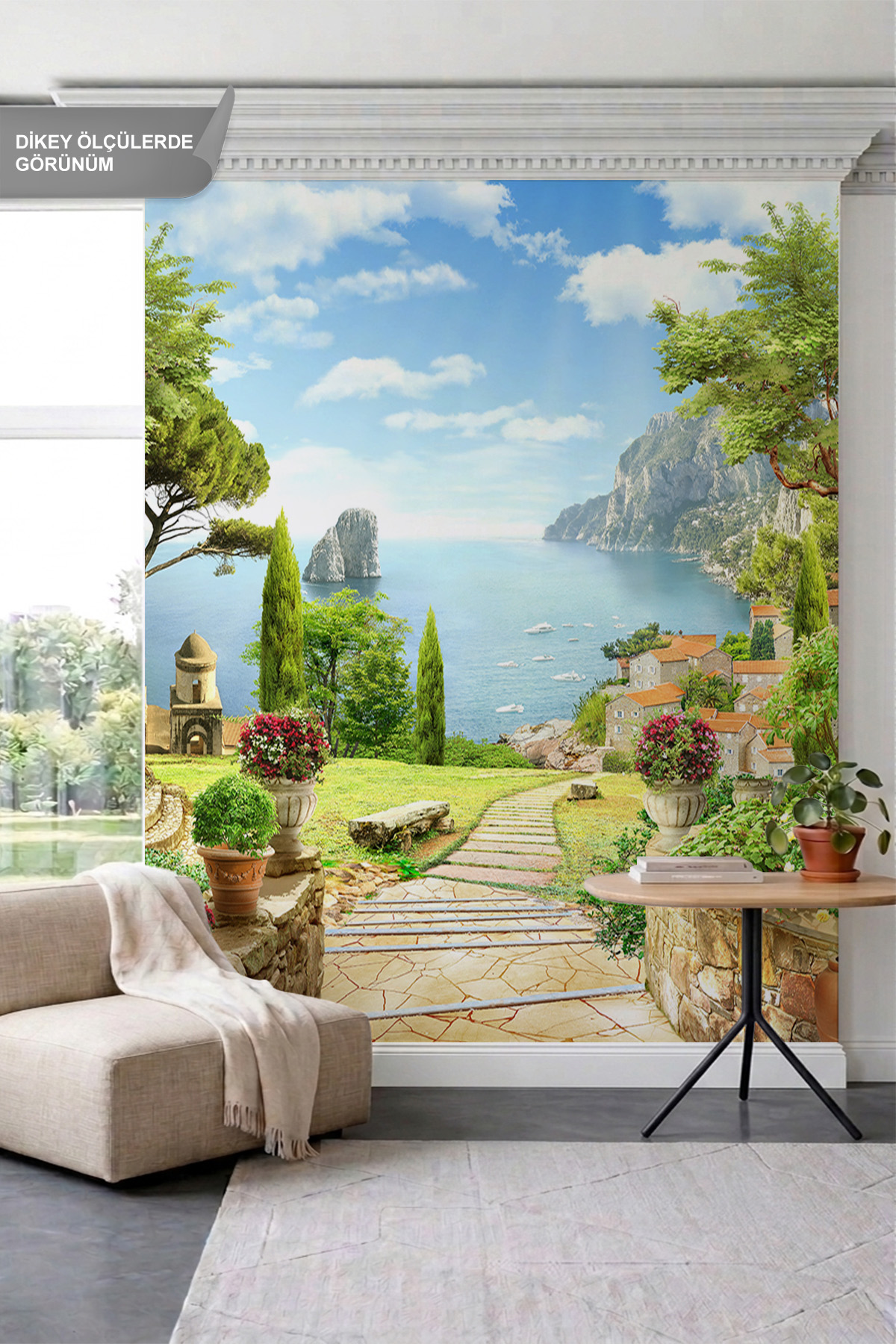 Dreamwall Taş Basamaklı Yol, Çiçekli Duvarlar ve Sahil Köyü Manzaralı Tek Parça Tekstil Duvar Kağıdı görsel 1