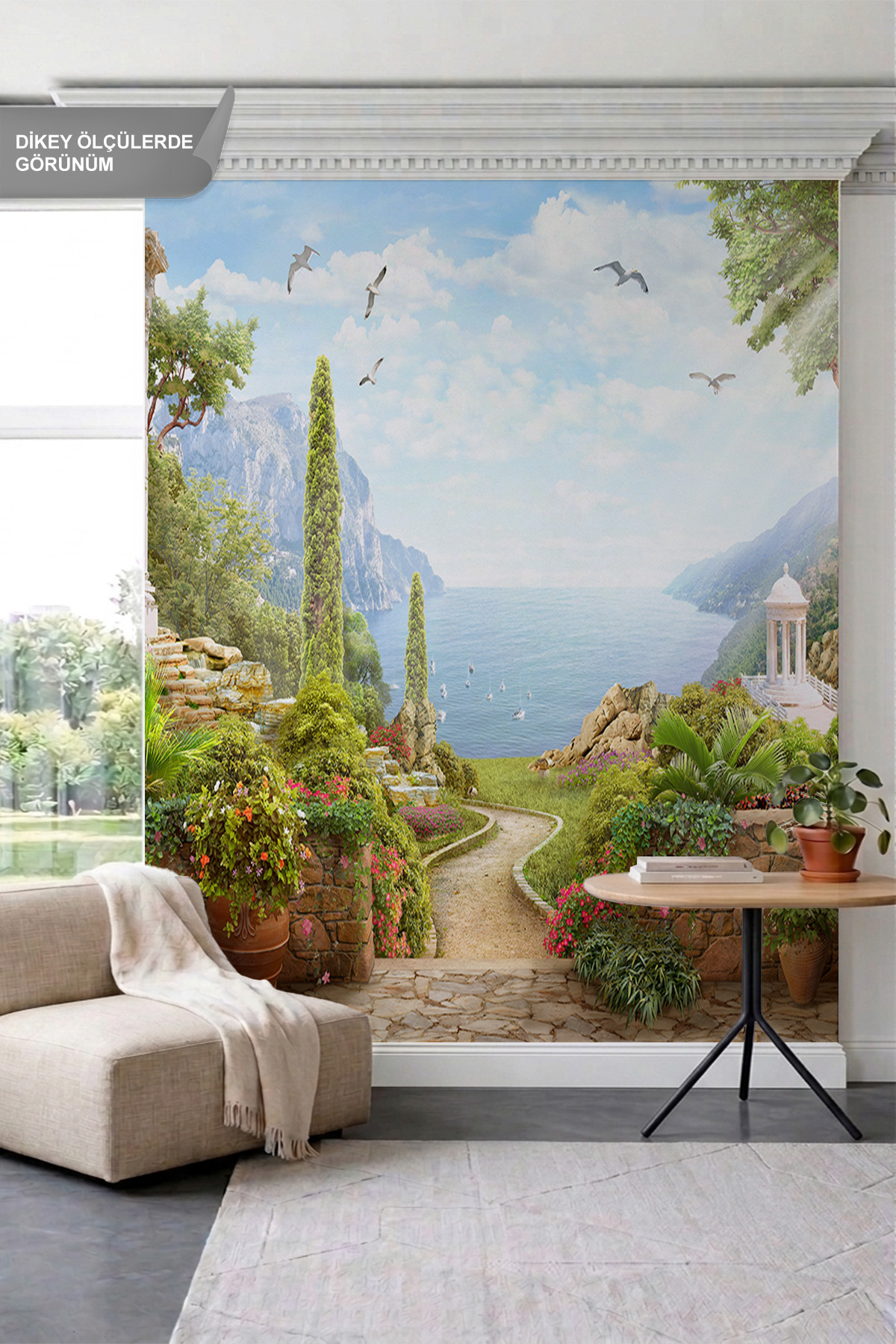 Dreamwall Taş Patika, Çiçekli Duvarlar, Antik Çardak ve Deniz Manzaralı Tek Parça Tekstil Duvar Kağıdı görsel 1