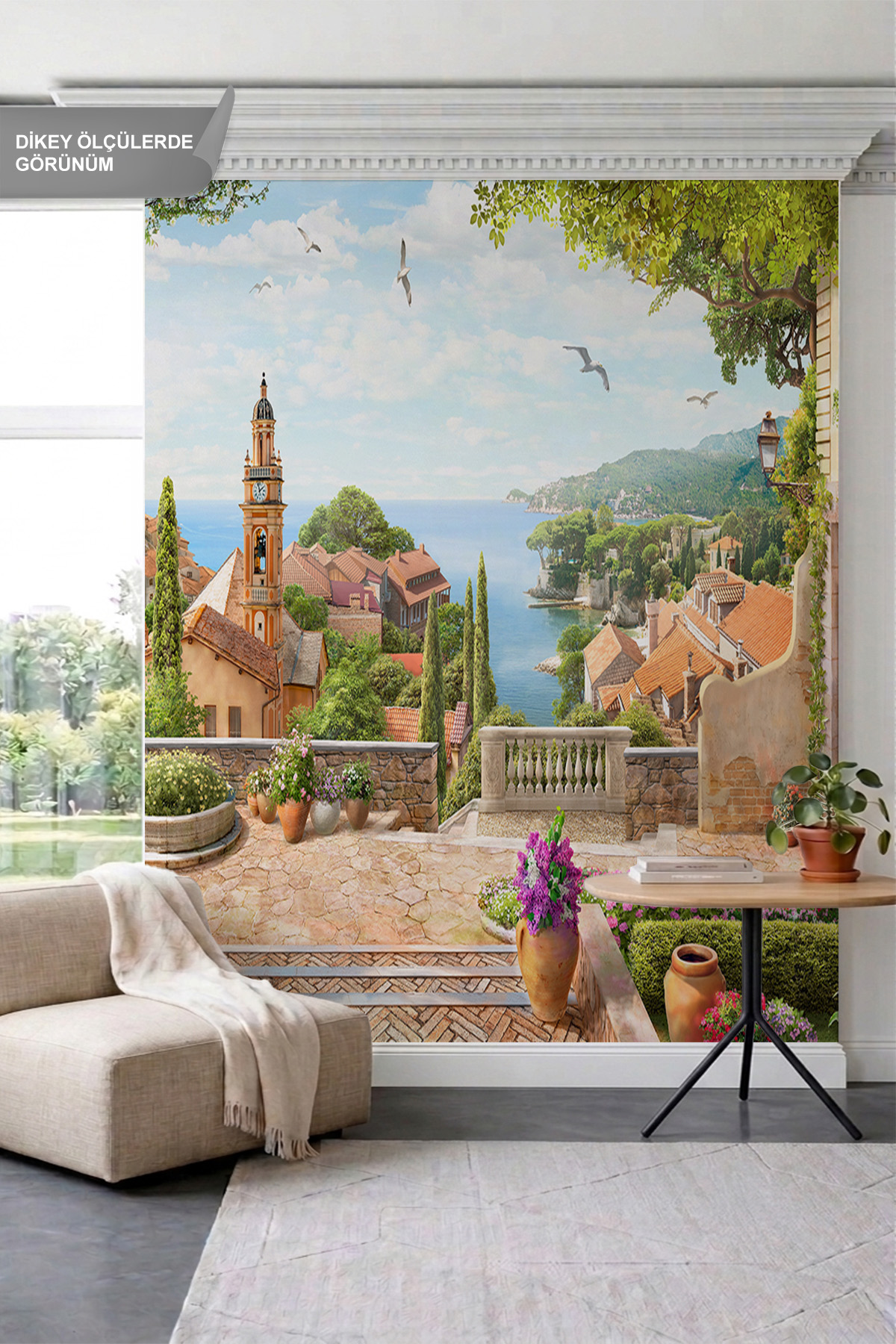 Dreamwall Taş Sokak, Çiçek Saksıları ve Sahil Kasabası Manzaralı Tek Parça Tekstil Duvar Kağıdı görsel 1