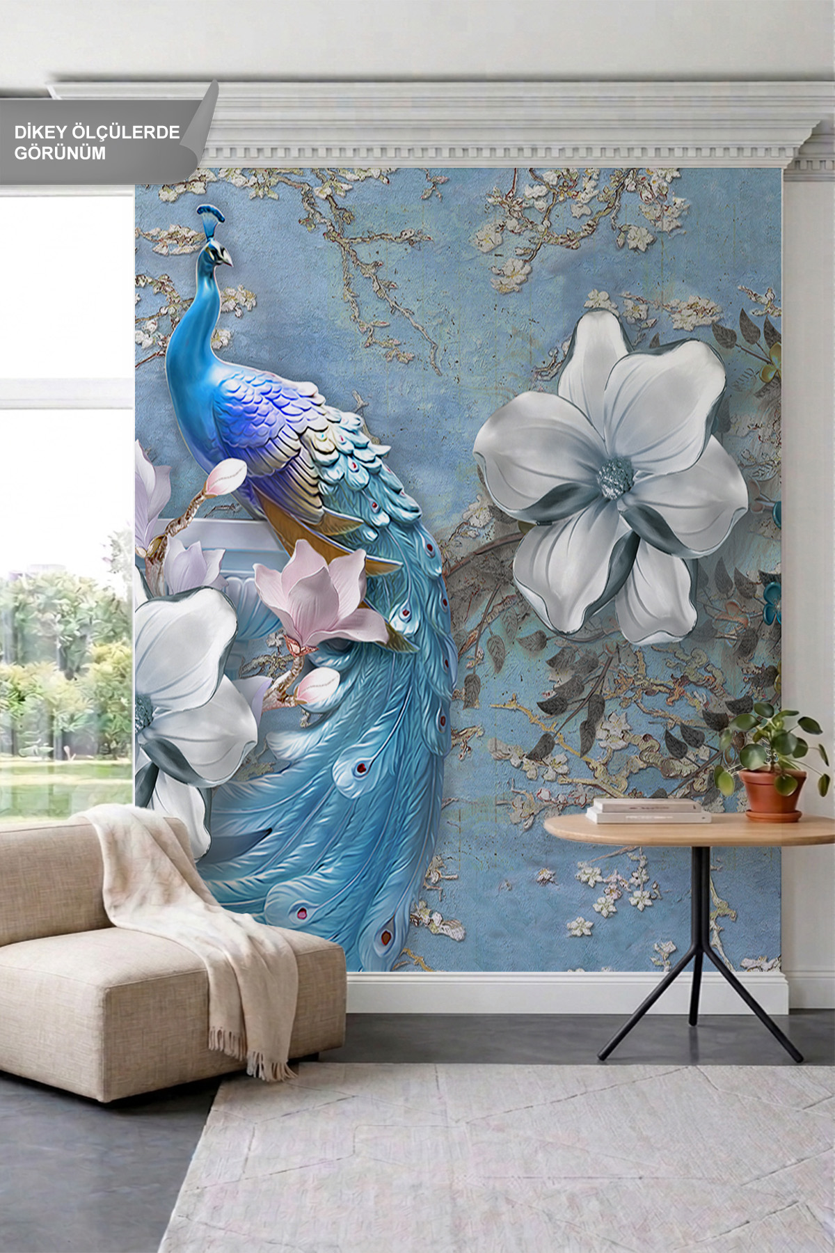 Dreamwall Tavus Kuşu, Büyük Kabartma Çiçekler ve Dallar Motifli Tek Parça Tekstil Duvar Kağıdı görsel 1