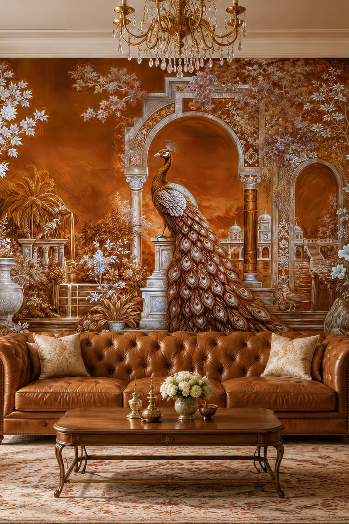 Dreamwall Tavuskuşu ve Sütunlu Gece Bahçesi Bakır Tonlu Tekstil Duvar Kağıdı görsel 1