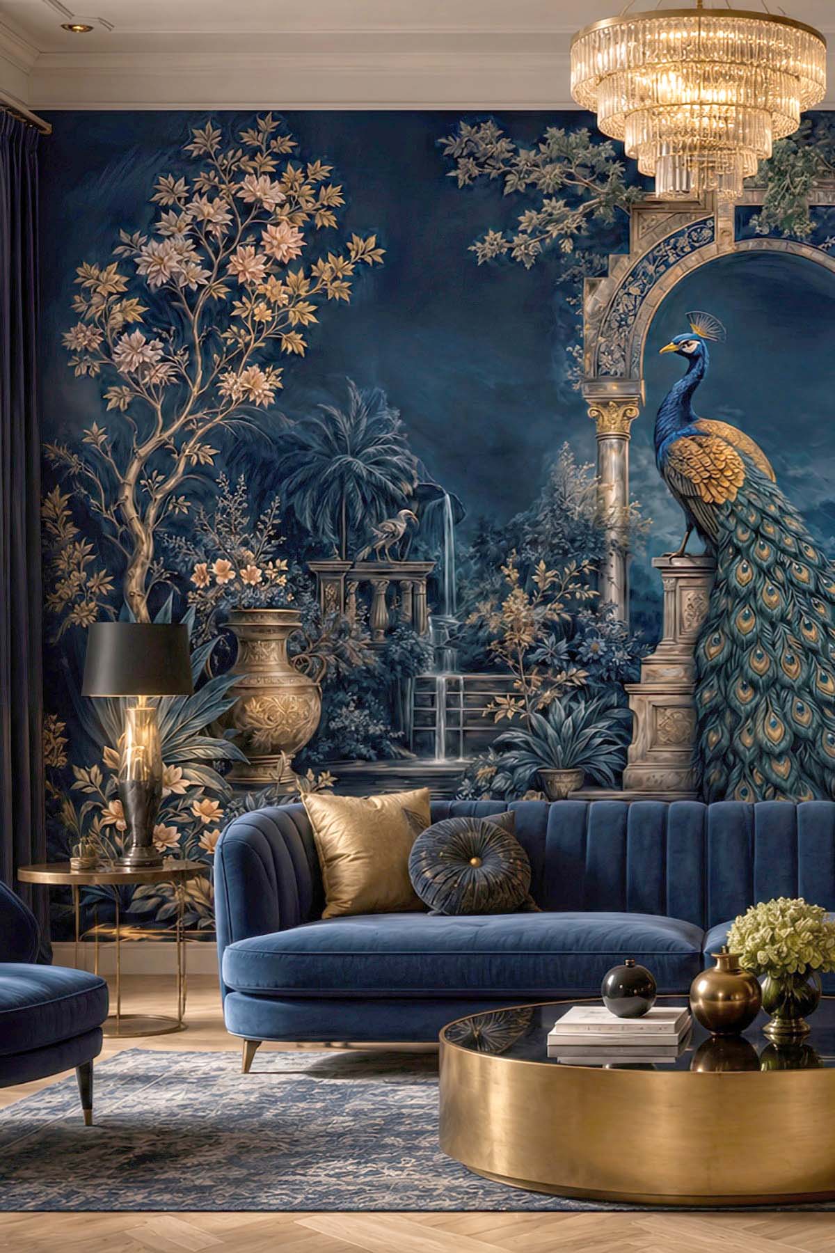 Dreamwall Tavuskuşu ve Sütunlu Gece Bahçesi Tekstil Duvar Kağıdı görsel 1