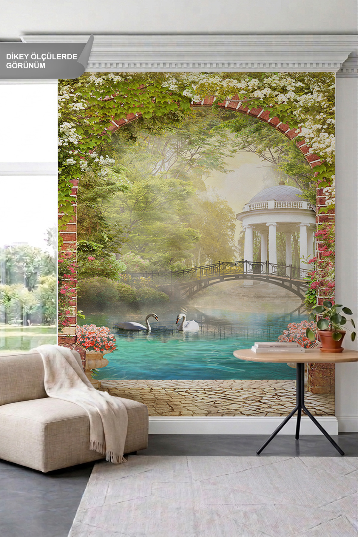 Dreamwall Tuğla Kemerli Geçit, Kuğulu Nehir, Köprü ve Çardak Manzaralı Tek Parça Tekstil Duvar Kağıdı görsel 1