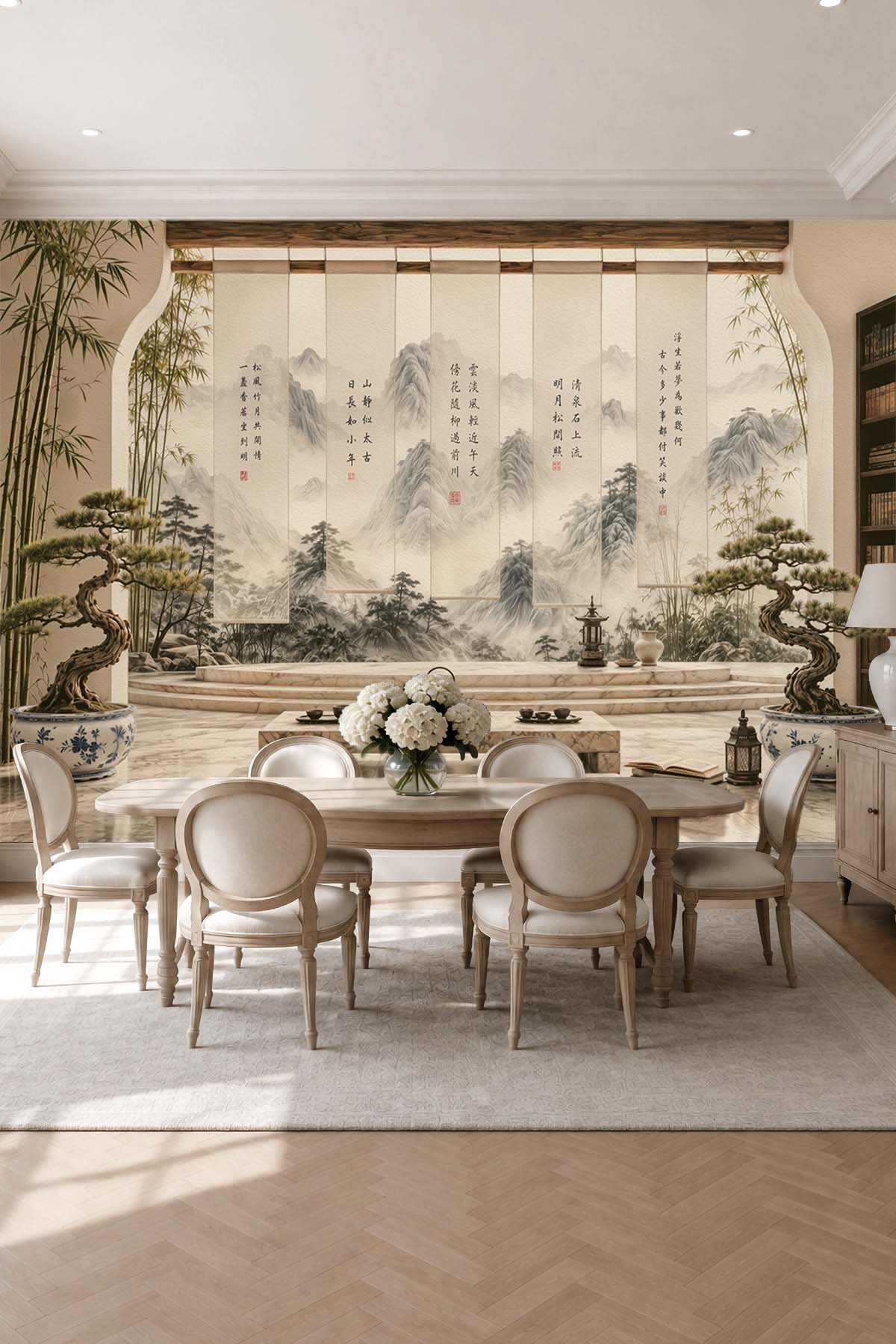 Dreamwall Uzak Doğu Manzaralı Bonsai- Bahçede Çay Sefası Tek Parça Tekstil Duvar Kağıdı görsel 1