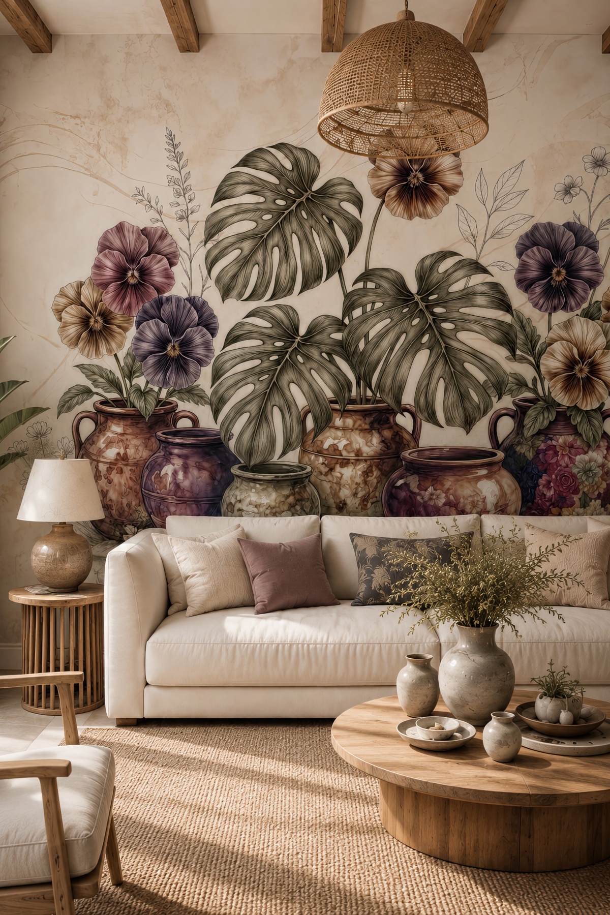 Dreamwall Vazoların Buluşması- Vazo ve Botanik Desenli Tek Parça Tekstil Duvar Kağıdı görsel 1