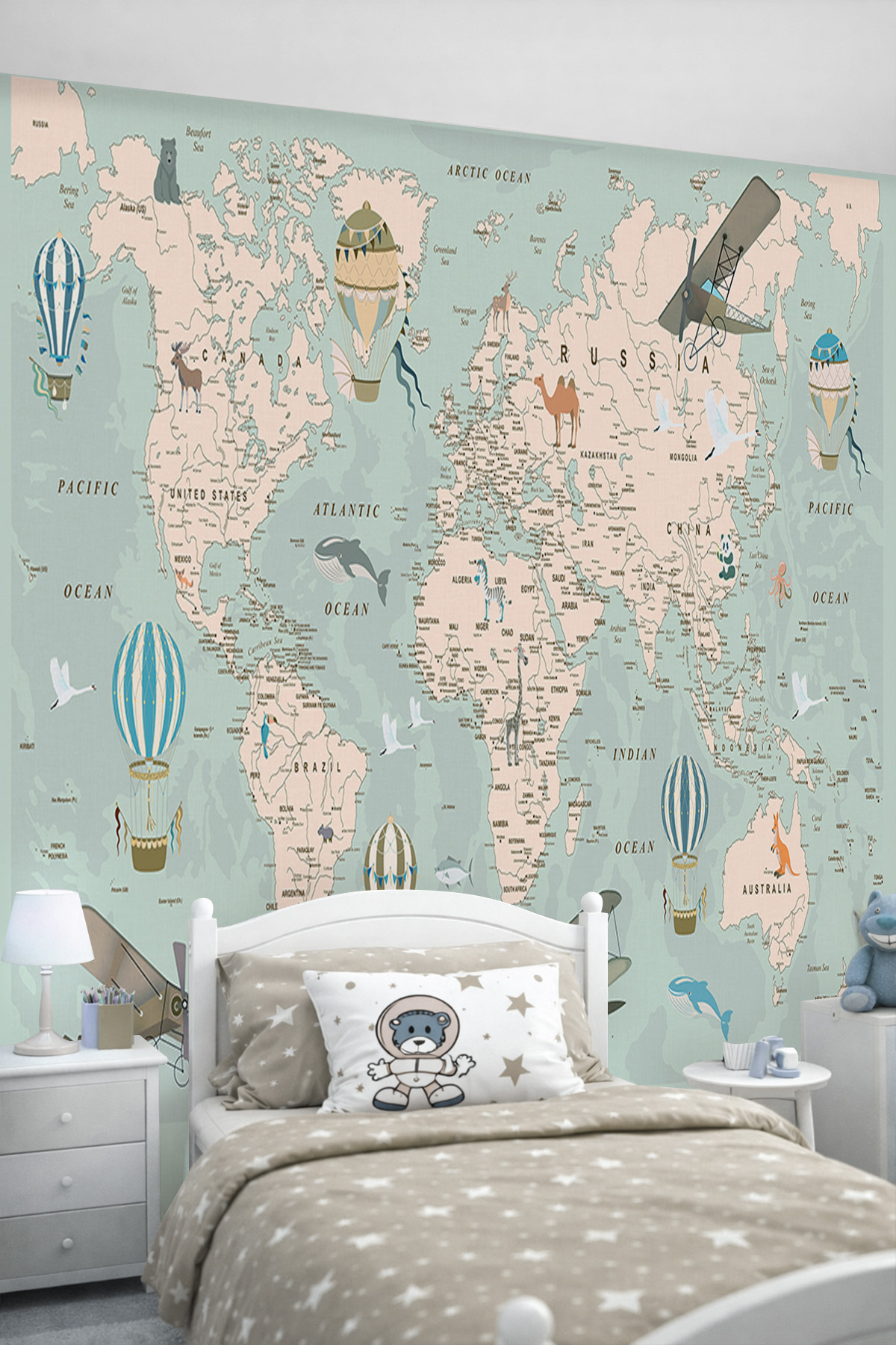 Dreamwall Vintage Uçaklar, Sıcak Hava Balonları ve Eğitici Dünya Haritası Motifli Tek Parça Tekstil Duvar Kağıdı görsel 1