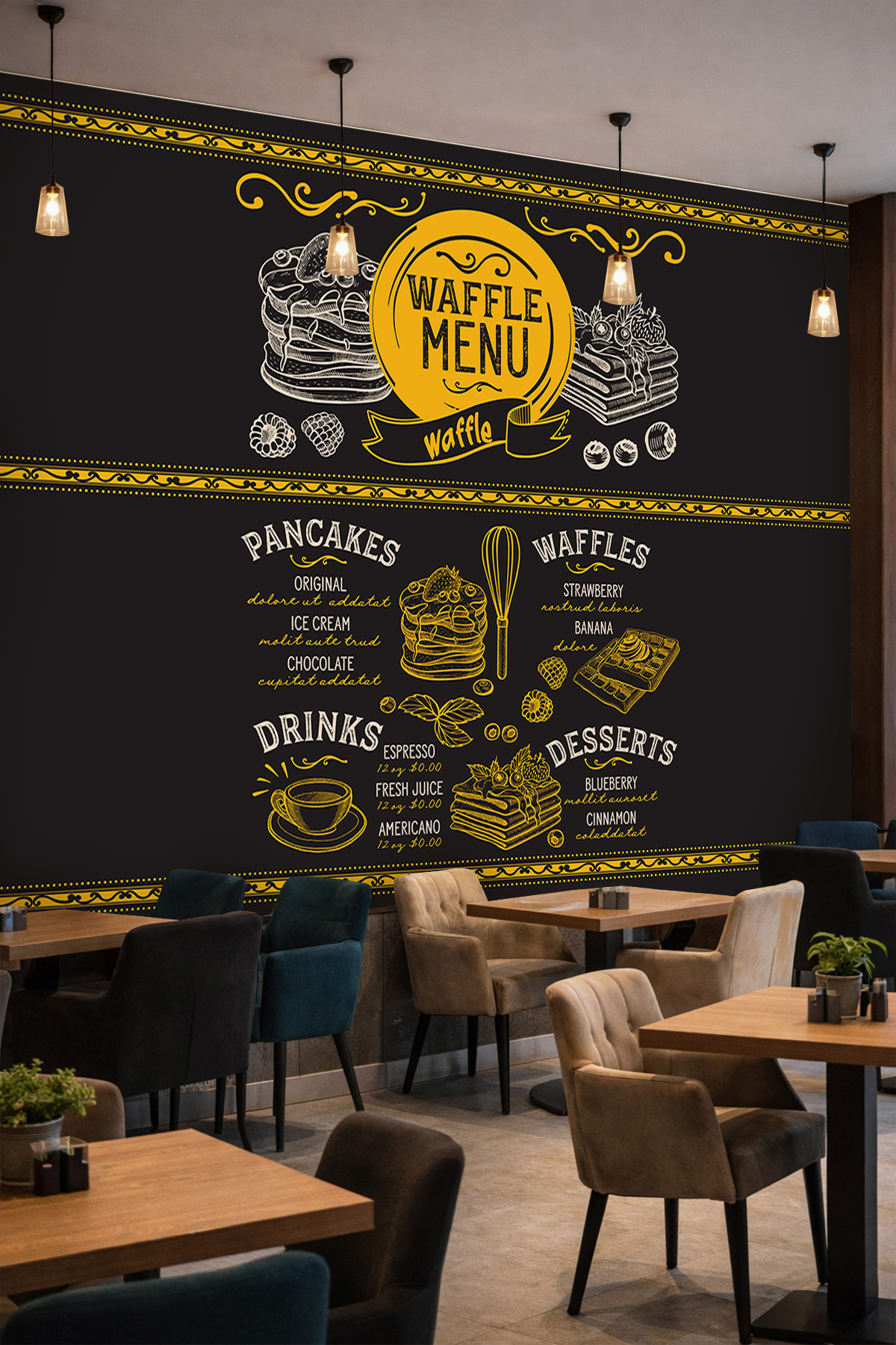 Dreamwall Waffle Menü, Tatlı ve İçecek Çizimleri Motifli Tek Parça Tekstil Duvar Kağıdı görsel 1