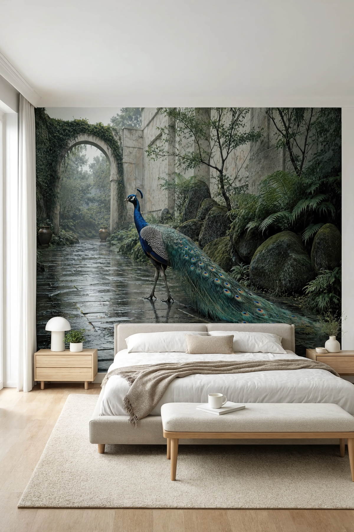 Dreamwall Yağmur Bahçesinin Tavus Kuşu Temalı Tek Parça Tekstil Duvar Kağıdı görsel 1
