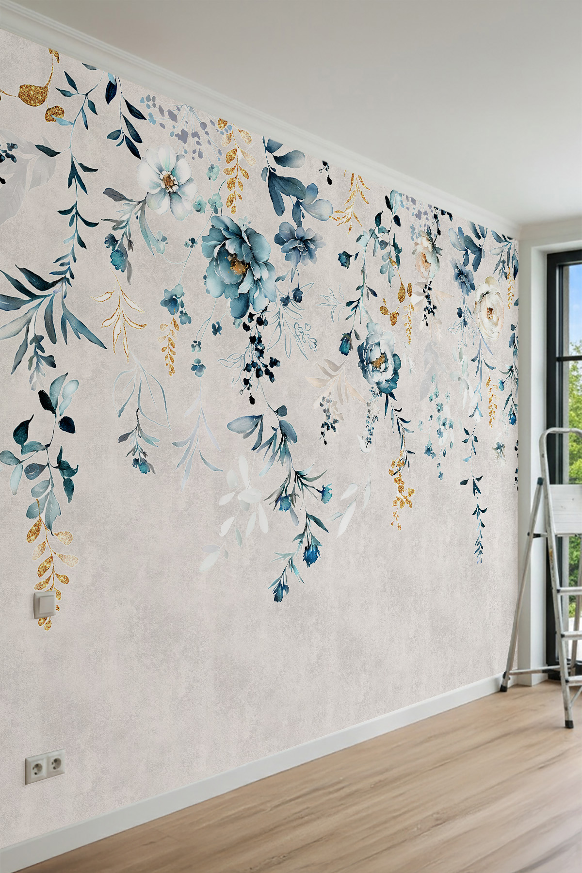 Dreamwall Yaldızlı Sarkıt Çiçekler, Suluboya Desenli Tek Parça Tekstil Duvar Kağıdı görsel 1
