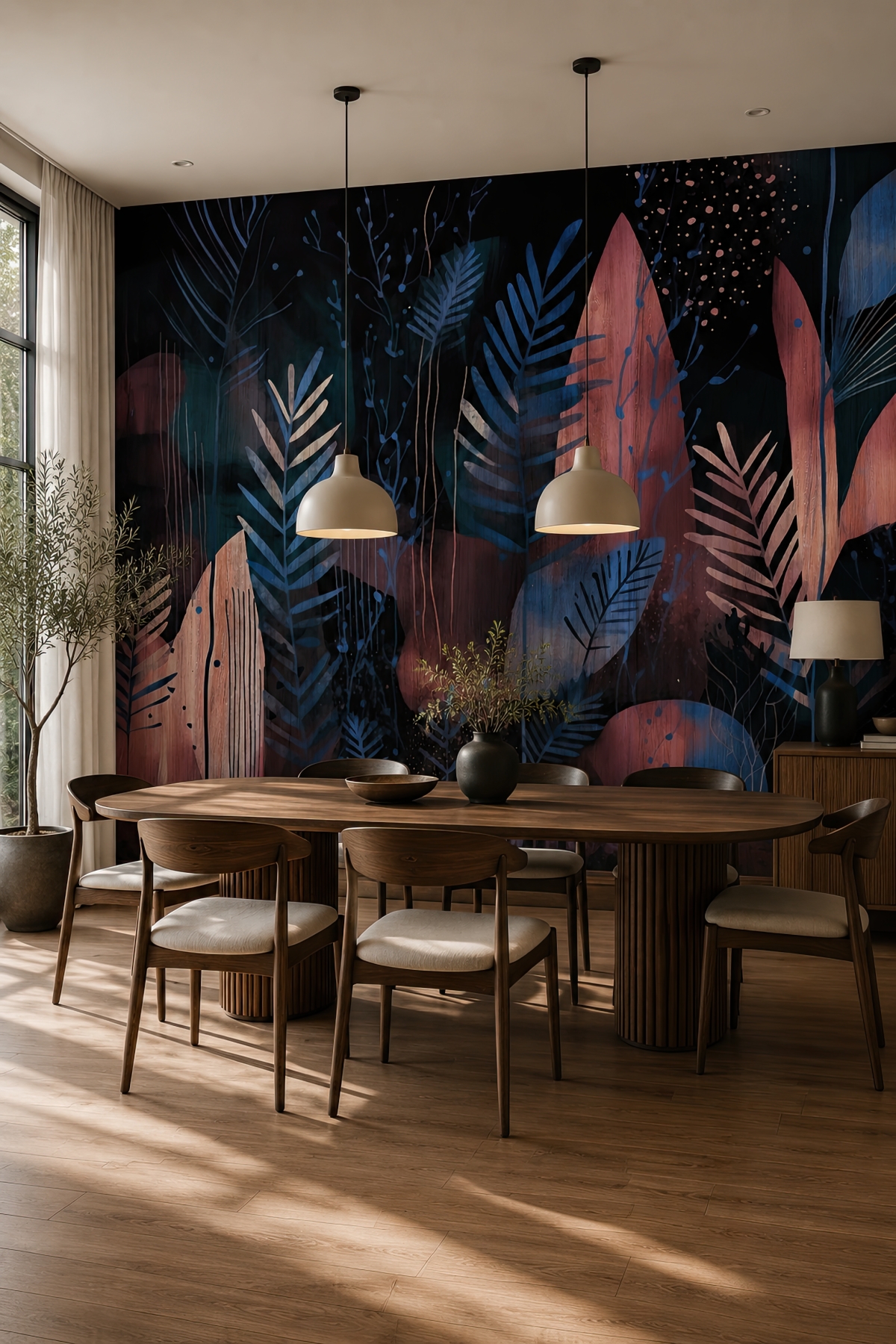 Dreamwall Yıldız Tozunun Düştüğü Orman- Çizgisel Yapraklar Tek Parça Tekstil Duvar Kağıdı görsel 1