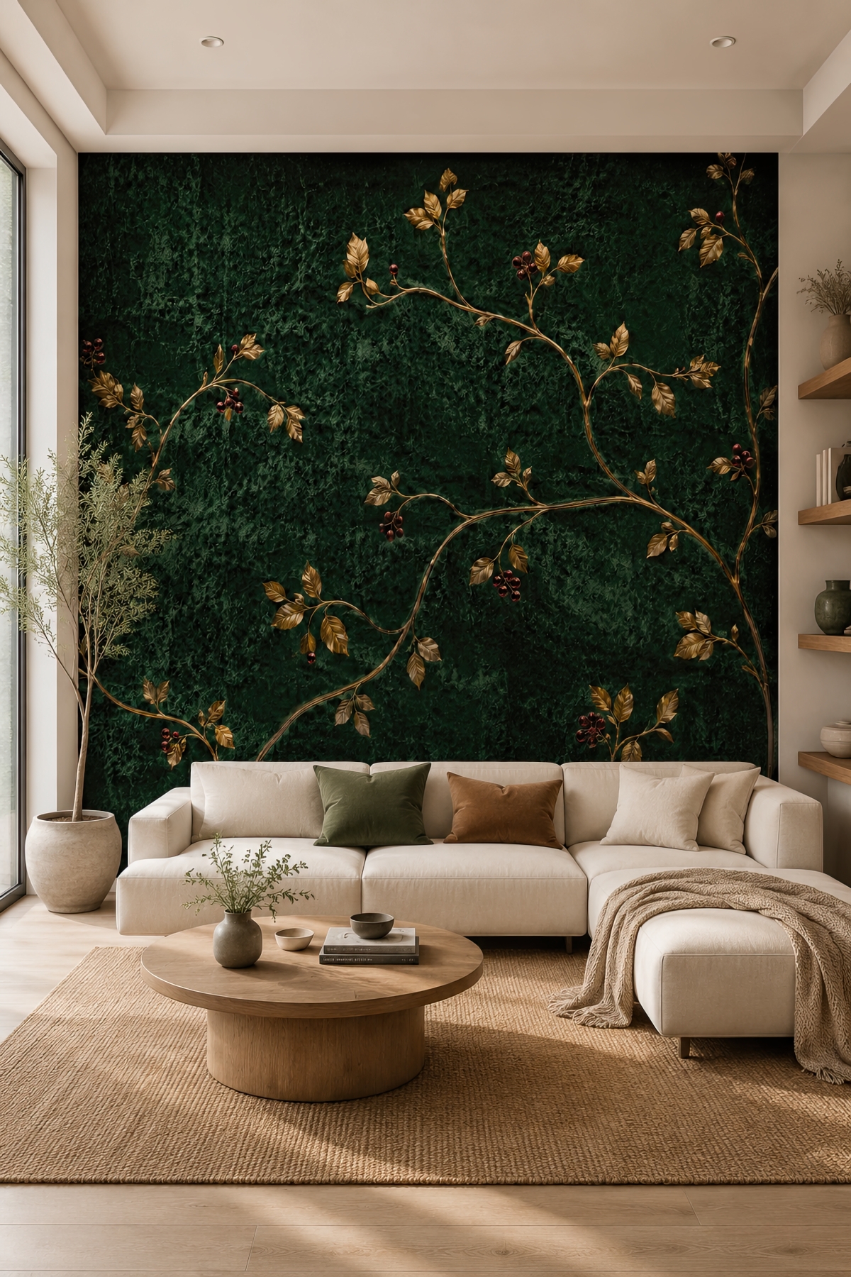 Dreamwall Zümrüt Kadifenin Altın Sarmaşığı- Çiçek Desenli Tek Parça Tekstil Duvar Kağıdı görsel 1